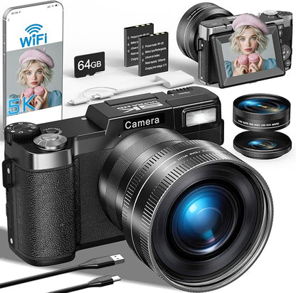 FLATIC 5K Digital Camera with WiFi, Cameras for Photography with 180°Flip Screen, Vlogging Camera with 64GB Card, Battery, Camera for Beginner, Teens