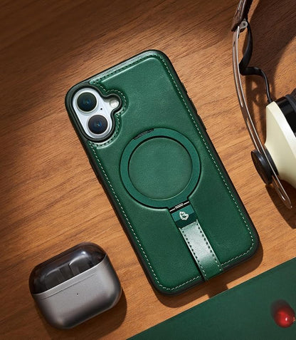 for iPhone 17 Leather Case with Stand, Anti-Slip Grip Ring, Fits for MagSafe (Green, iPhone 17)