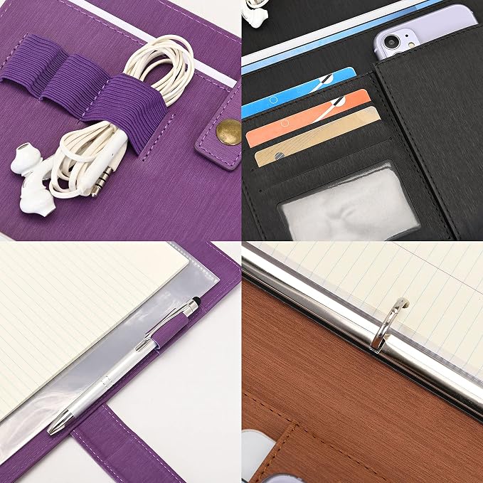 Wonderpool A4 PU Leather Portfolio Holder Ring File Document Case with Removable Binder Clipboard, Multi Pocket and Legal Pad for Business Organizer Interview and Meeting (Purple)