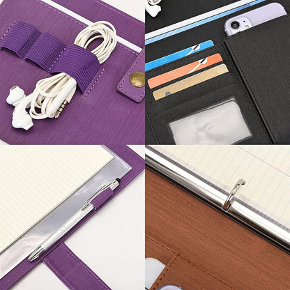 Wonderpool A4 PU Leather Portfolio Holder Ring File Document Case with Removable Binder Clipboard, Multi Pocket and Legal Pad for Business Organizer Interview and Meeting (Black)