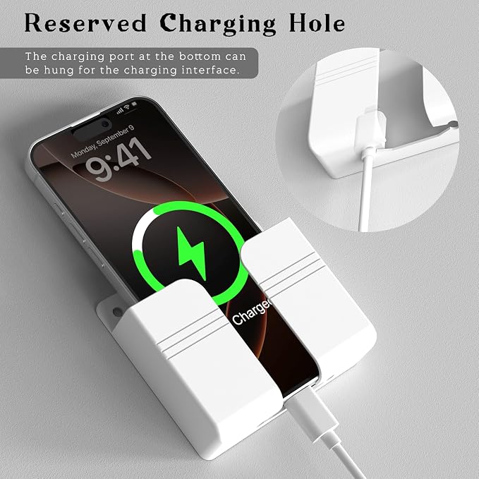 Wall Mounted Phone Holder with Adhesive, No-Drill Phone Stand for Charging, Built-in Cable Slot, Phone Holder for Bathroom, Bedroom, Kitchen, RV, Compatible with iPhone & Android, White