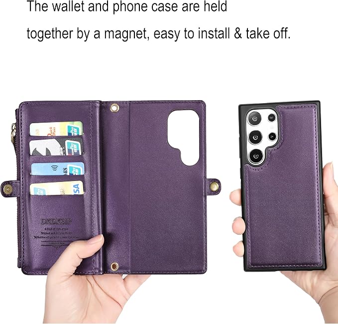 for Samsung Galaxy S25 Ultra Wallet Case for Women Men, Wireless Charging with RFID Blocking Card Holder, PU Leather Crossbody Strap Detachable Magnetic Phone Shell Purse, Purple
