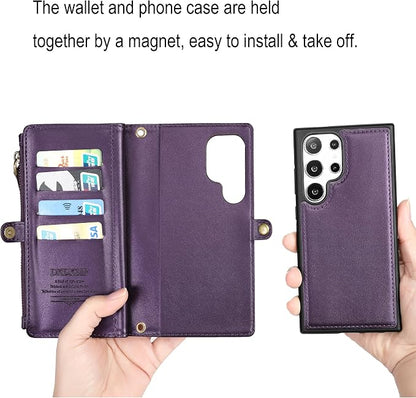 for Samsung Galaxy S25 Ultra Wallet Case for Women Men, Wireless Charging with RFID Blocking Card Holder, PU Leather Crossbody Strap Detachable Magnetic Phone Shell Purse, Purple