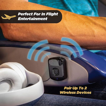 Scosche FlyTunes Airplane Bluetooth Transmitter with Dual & Single AUX for In-Flight Entertainment, TVs & Gym, Wireless Audio Adapter for AirPods, Connects 2 Bluetooth Headphones with 8Hr Battery Life