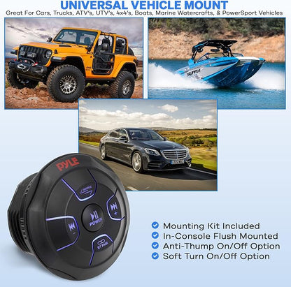 Pyle Car Wireless Bluetooth Audio Controller - Bluetooth Media Button Rated Marine Receiver Remote Control w/ USB, AUX, Mount for Car Truck Boat Marine PowerSport Vehicles - Pyle PLMRBTRD1