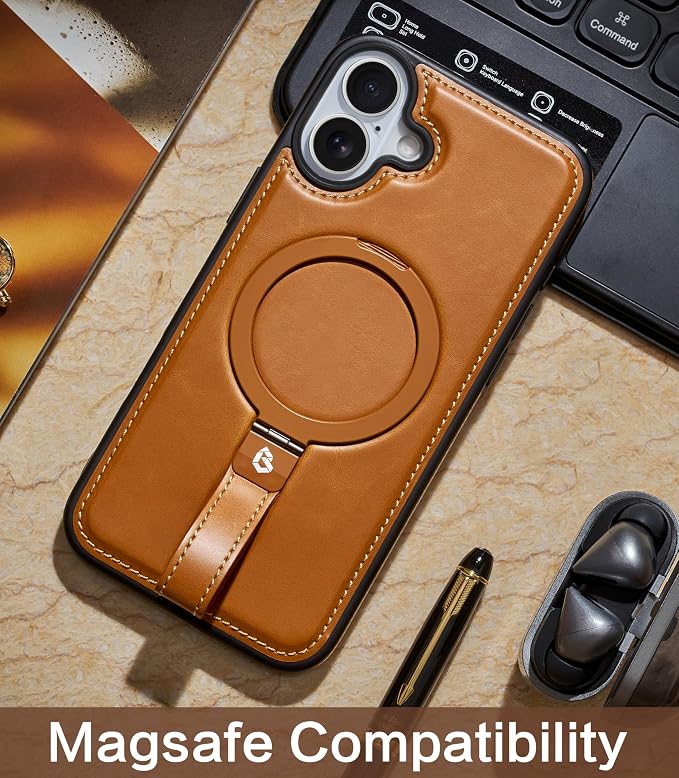for iPhone 17 Leather Case with Stand, Anti-Slip Grip Ring, Fits for MagSafe (Brown, iPhone 17)