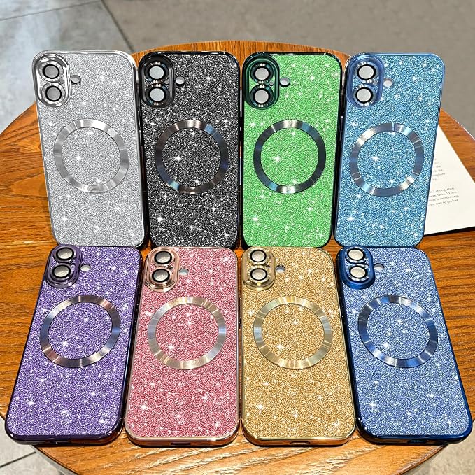 Hython for iPhone 17 Case Glitter Clear Magnetic Phone Cases [Compatible with MagSafe] Full Camera Lens Protector Sparkle Luxury Plating Slim Shockproof Protective Cover Women, Deep Blue