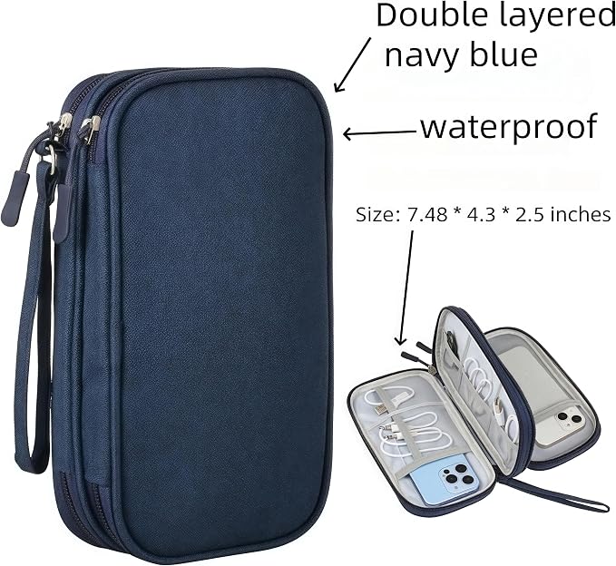 Electronic Organizer Travel Cable Accessories BagPouch Portable Waterproof Storage Bag Electronic Organizer Case for Cable, Mouse,USB Cable,Power Bank,Cord, Charger, Phone, Earphone (Dark Blue)