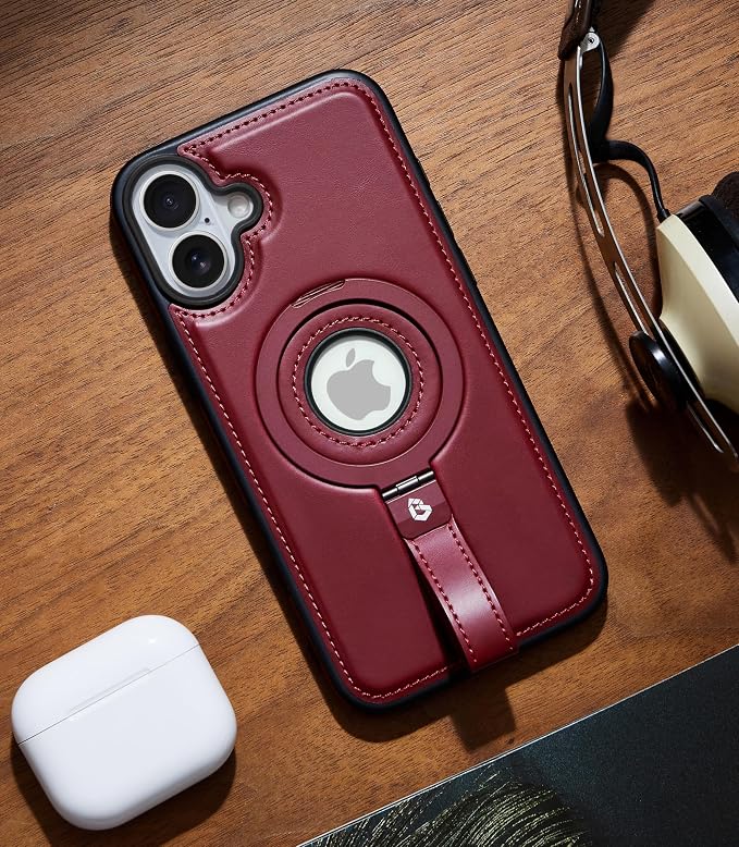 for iPhone 16 Plus Leather Case with Stand, Anti-Slip Grip Ring, Fits for MagSafe (Burgundy, iPhone 16 Plus)