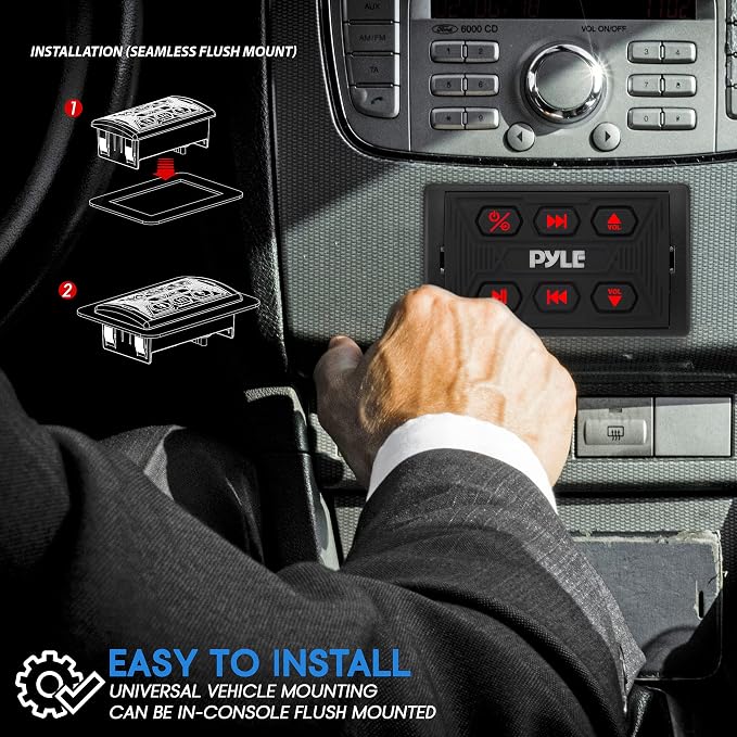 Pyle PLMRBTSQ1 Bluetooth Car Radio, Waterproof Marine Receiver, USB & AUX Inputs, IPX6 Rated, Universal Mounting, Includes 3.5mm Cable, Wireless Range 30ft