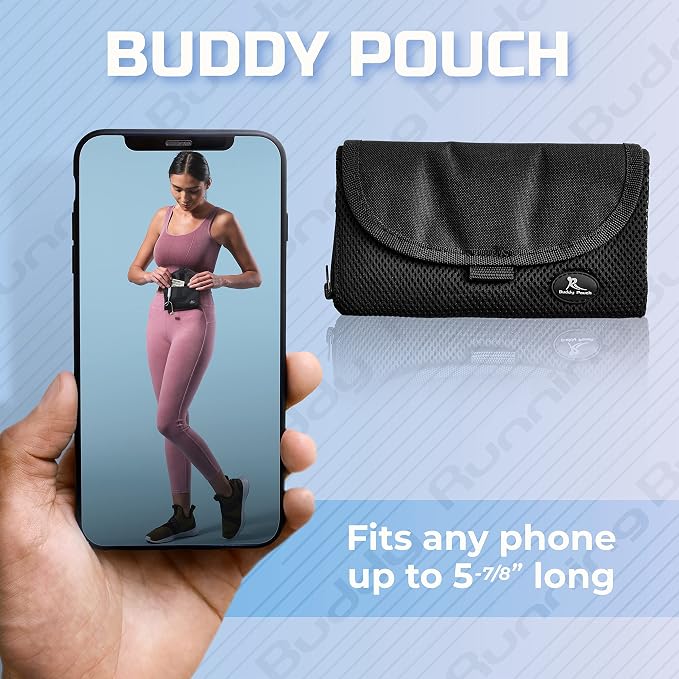 Running Buddy Buddy Pouch Fanny Pack for Women - Water-Resistant Belt Bag & Money Belt - Hands-Free Running Gear Waist Bag - Audio-Port Running Phone Holder - 5.9 x 4 in, Black