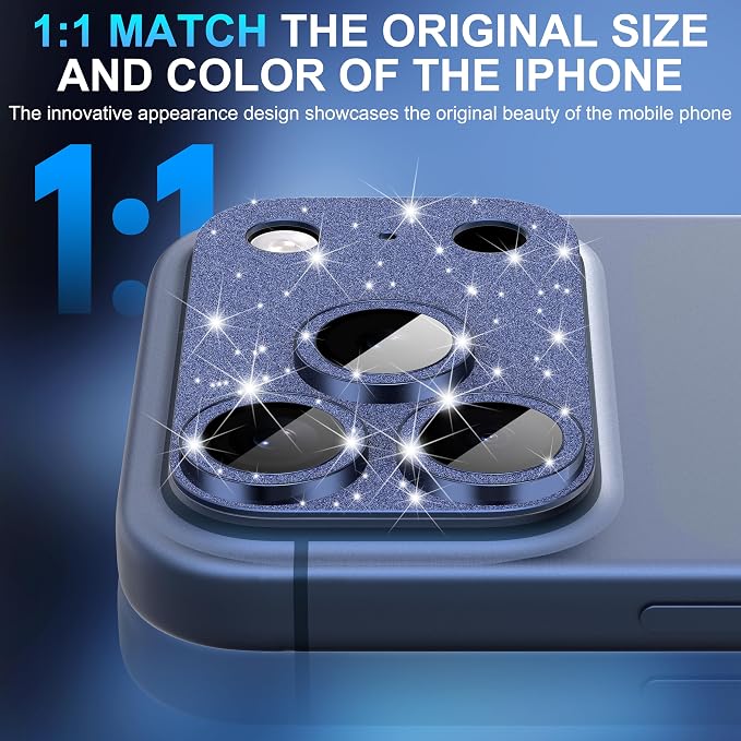 Suoman for iPhone 17 Pro Camera Lens Protector, [All-in-one] [Strong-Adhesion] Bling Glitter Independent Metal Frame Tempered Glass Camera Lens Cover -Blue