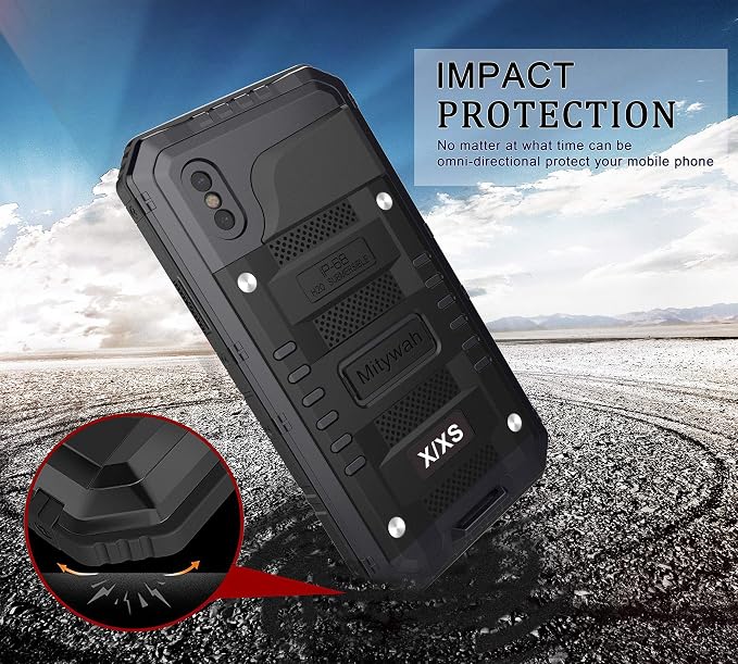 Mitywah Waterproof Case for iPhone X/XS, Heavy Duty Durable Metal Full Body Protective Case Built-in Screen Protection Waterproof Shockproof Dustproof Rugged Military Grade Defender, Black