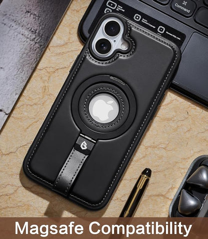 for iPhone 16 Plus Leather Case with Stand, Anti-Slip Grip Ring, Fits for MagSafe (Black, iPhone 16 Plus)