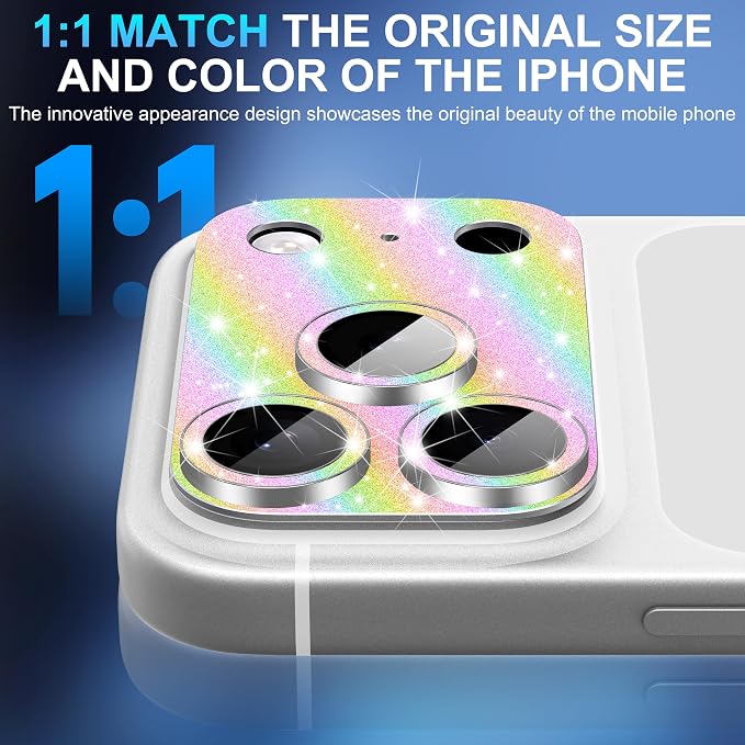 Suoman for iPhone 17 Pro Max Camera Lens Protector, [All-in-one] [Strong-Adhesion] Bling Glitter Independent Metal Frame Tempered Glass Camera Lens Cover -Colorful