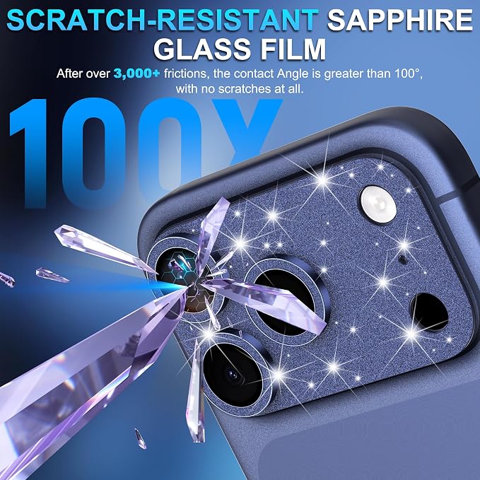 Suoman for iPhone 17 Pro Camera Lens Protector, [All-in-one] [Strong-Adhesion] Bling Glitter Independent Metal Frame Tempered Glass Camera Lens Cover -Blue