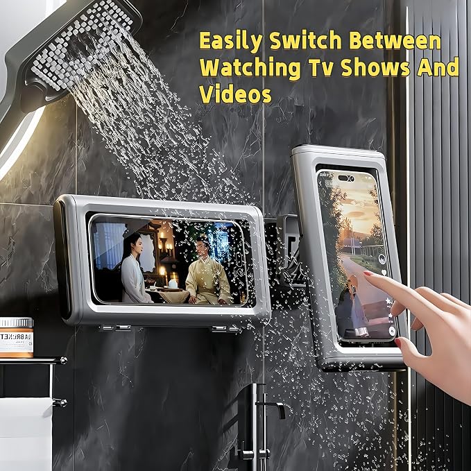 360° Shower Phone Holder Waterproof with Rotating Mount - Shower Phone Pouch for 4-7 Inch Devices - Adjustable, Touchscreen-Friendly, No-Drill Design for Bathroom, Kitchen & Gym