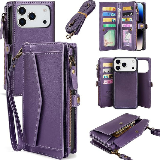 Compatible with iPhone 17 Pro 6.3" Wallet Case with RFID Blocking Card Holder for Women, PU Leather Flip Zipper Wallet Detachable Magnetic Phone Case Crossbody Strap, Purple