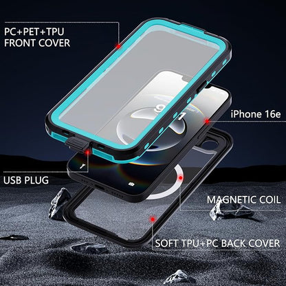 GOLDJU for iPhone 16e Case Waterproof, with IP68 Underwater & Magnetic, Built-in Screen Protector, Full-Body Protective Phone Case for iPhone 16e 2025, Blue/Clear
