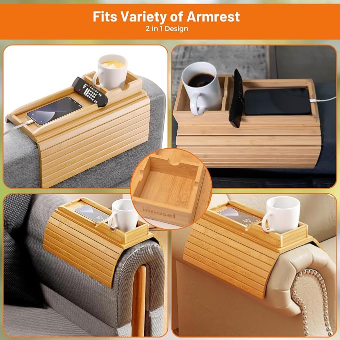Couch Cup Holder, Bamboo Sofa Armrest Tray with Detachable Cup Holder – Foldable Anti-Slip Sofa Table Armrest Tray for Drinks, Snacks, Remotes & Phones – Universal Fit Organizer, Easy to Clean