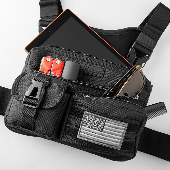 Fitdom Tactical Inspired Lightweight Running Chest Pack For Men With Built-In Phone Holder. A Sports Utility Rig Vest Made For Workouts And Outdoor