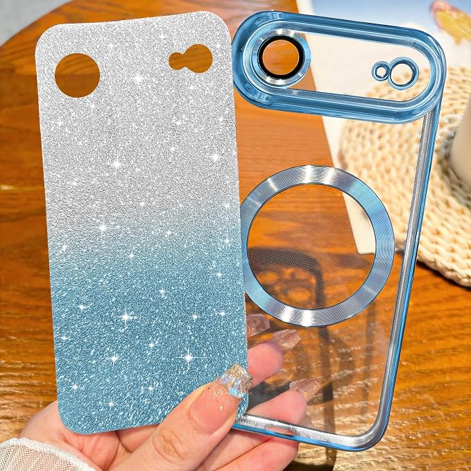 Hython for iPhone Air Case Glitter Clear Magnetic Phone Cases [Compatible with MagSafe] Full Camera Lens Protector Sparkle Luxury Plating Slim Shockproof Protective Cover, Gradient Light Blue