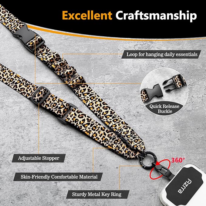 Azrra Adjustable Crossbody Cell Phone Lanyard for iPhone with Phone Tethers & Retractable ID Badge Card Holder (Leopard Print)