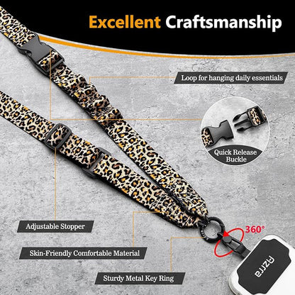 Azrra Adjustable Crossbody Cell Phone Lanyard for iPhone with Phone Tethers & Retractable ID Badge Card Holder (Leopard Print)
