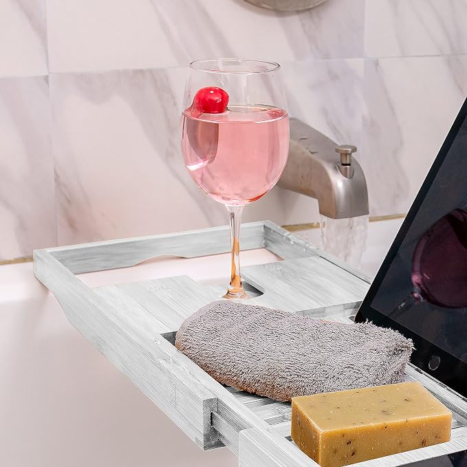 Homemaid Living Luxury Bamboo Bath Tray for Bathtub - Expandable Bathroom Caddy with Reading Rack or Tablet Holder, Premium Bath Tray with Wine Glass Holder, Fits All Bathtubs (White)