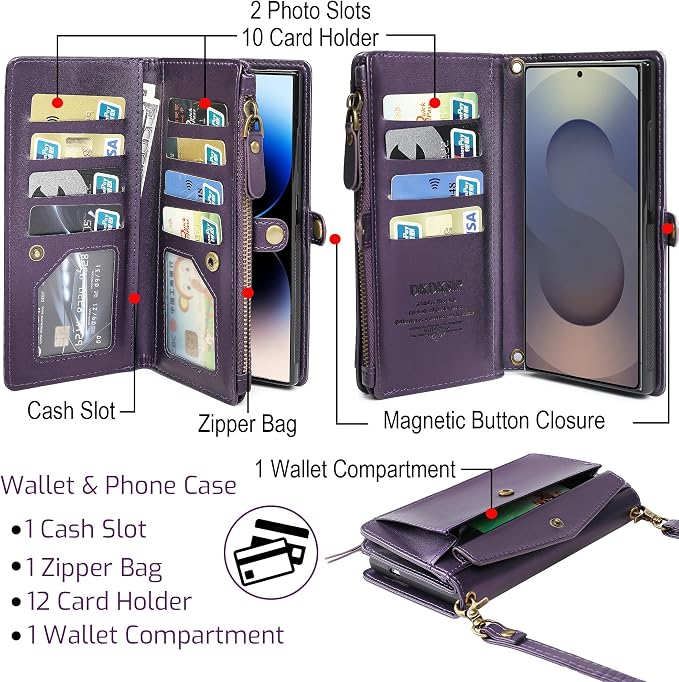 for Samsung Galaxy S25 Ultra Wallet Case for Women Men, Wireless Charging with RFID Blocking Card Holder, PU Leather Crossbody Strap Detachable Magnetic Phone Shell Purse, Purple