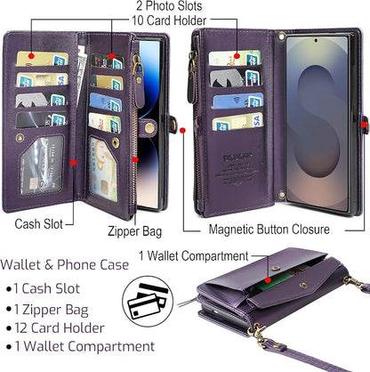 for Samsung Galaxy S25 Ultra Wallet Case for Women Men, Wireless Charging with RFID Blocking Card Holder, PU Leather Crossbody Strap Detachable Magnetic Phone Shell Purse, Purple