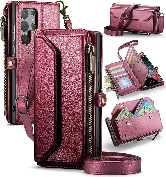 Strapurs Crossbody Wallet Case Compatible with Samsung Galaxy S22 Ultra 5G RFID Blocking 10-Card Holder Soft PU Leather Magnetic Snap Strap Zipper Pocket Phone Case Fit for Galaxy S22 Ultra - Wine Red