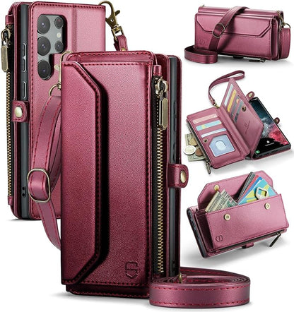 Strapurs Crossbody Wallet Case Compatible with Samsung Galaxy S22 Ultra 5G RFID Blocking 10-Card Holder Soft PU Leather Magnetic Snap Strap Zipper Pocket Phone Case Fit for Galaxy S22 Ultra - Wine Red