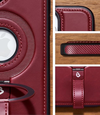 for iPhone 15 Leather Case with Stand, Anti-Slip Grip Ring, Fits for MagSafe (Burgundy, iPhone 15)