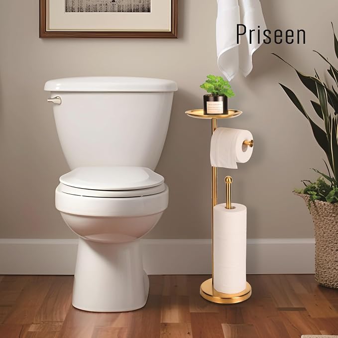 Toilet Paper Holder Stand with Phone Shelf, Gold TP Holder Freestanding, Holds 5 Rolls, Stainless Steel (Gold)