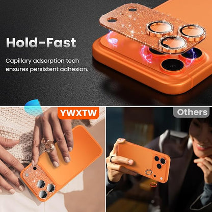 YWXTW for iPhone 17 Pro Camera Lens Protector, [Upgraded Glitter Design] Full Bling Sparkly Diamond Tempered Glass Screen Protector Metal Camera Cover Accessories (Glitter Orange, iPhone 17 Pro)