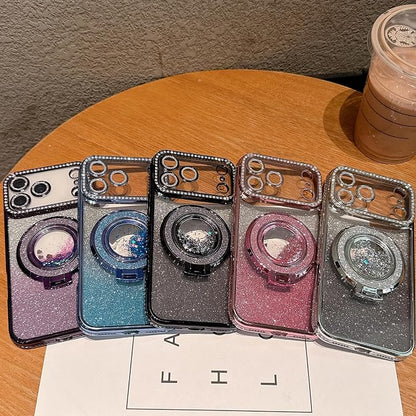 Glitter Kickstand Case for iPhone 17 Pro Max,Cute Bling Sparkly Diamond Rhinestones with Camera Lens Protector Liquid Flowing Ring Stand TPU Bumper Women Girls Case for iPhone 17 Pro Max,Pink