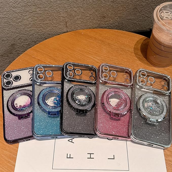 Glitter Kickstand Case for iPhone 17 Pro Max,Cute Bling Sparkly Diamond Rhinestones with Camera Lens Protector Liquid Flowing Ring Stand TPU Bumper Women Girls Case for iPhone 17 Pro Max,Blue