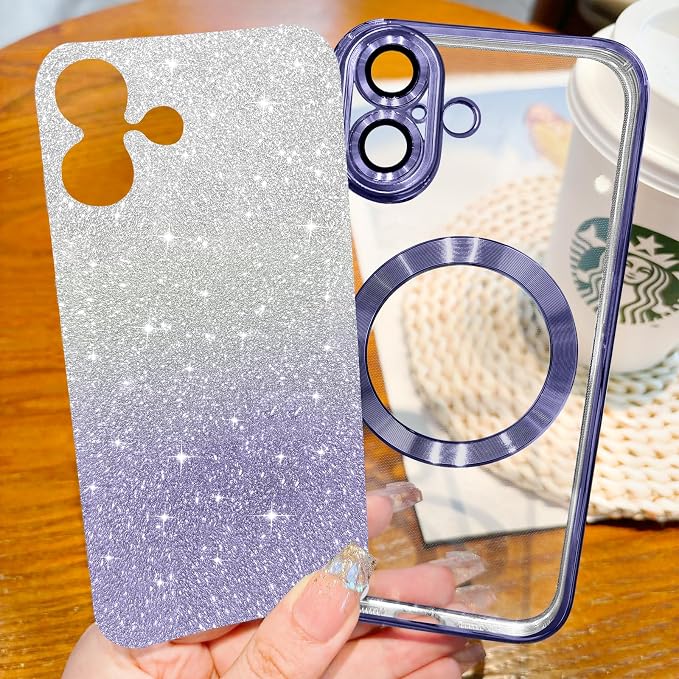 Hython for iPhone 17 Case Glitter Clear Magnetic Phone Cases [Compatible with MagSafe] Full Camera Lens Protector Sparkle Luxury Plating Slim Shockproof Protective Cover, Gradient Light Purple