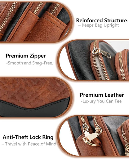 Anti Theft Crossbody Bags for Women, RFID Vegan Leather Sling Purse for Travel, Chest Bag, Cross Body Purses & Fanny Packs(Brown＆Black) | Multi-Pocket, 8 RFID Card Slots, Structured bag, Quilted Design