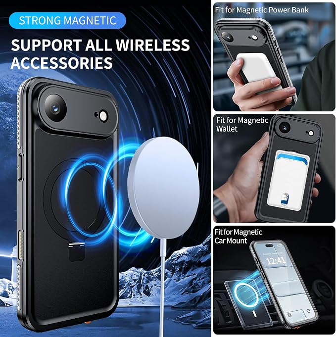 ANTSHARE Magnetic for iPhone Air Case Waterproof, Built in Screen Protector [Compatible with MagSafe] [Invisible Stand] [IP68 Underwater], Full Body Protection Phone Case 6.5'', Black