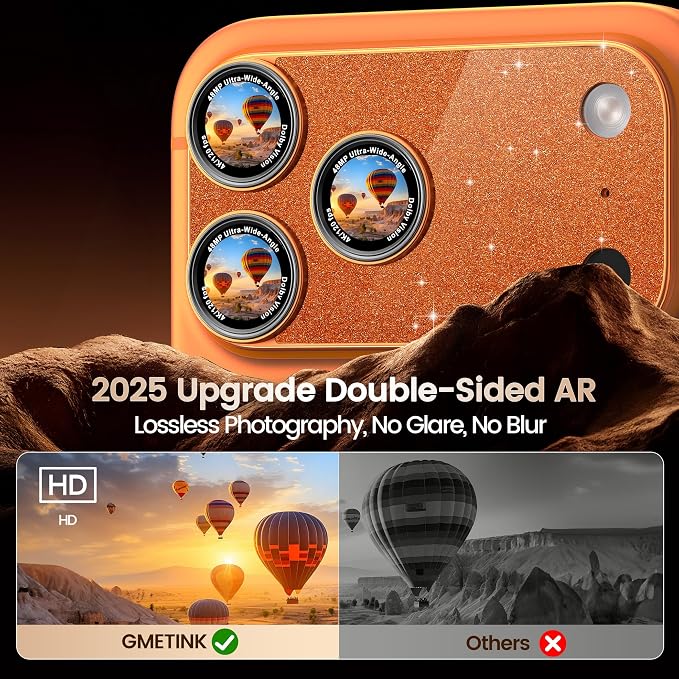 Camera Lens Protector Compatible with iPhone 17 Pro - Metal Frame Tempered Glass Cover, [Anti-Scratch] [Drop-Proof][Strong-Adhesion] Rear Camera Screen Cover- Sparkle Orange