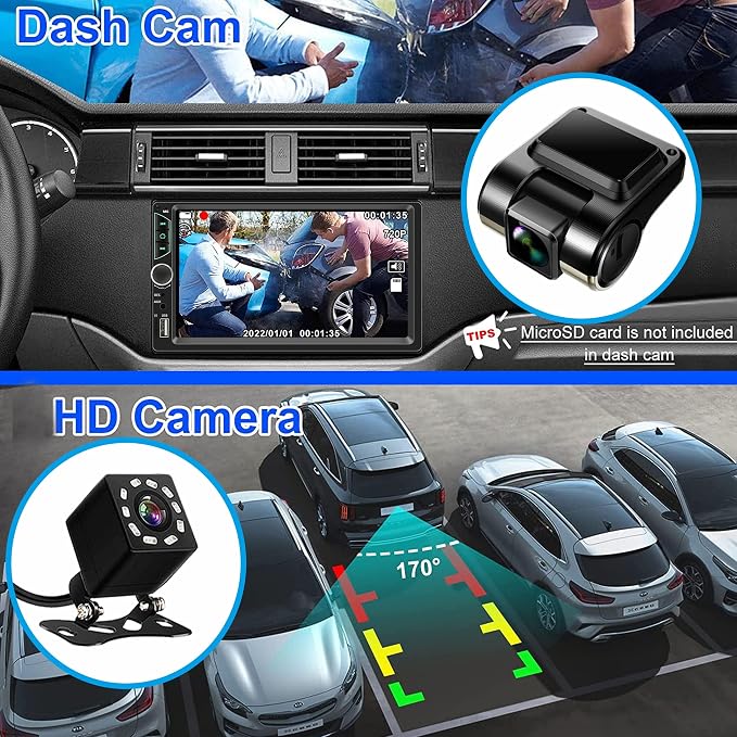 Double Din Car Stereo with Dash Cam,Compatible with Apple Carplay,Android Auto,7 inch Touch Screen Car Radio Receiver with Bluetooth, Mirror Link, Backup Camera, Navigation, FM, USB/TF/AUX