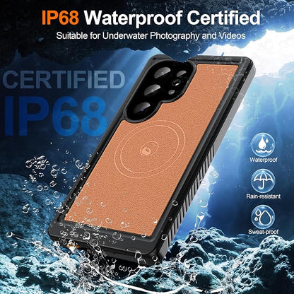 GOLDJU 2025 New Designed for S24 Ultra Leather Case Waterproof, [Built-in Screen Protector, ][Compatible with MagSafe] Full Body Shockproof Protective Cover for Samsung Galaxy S24 Ultra 6.8'' - Brown