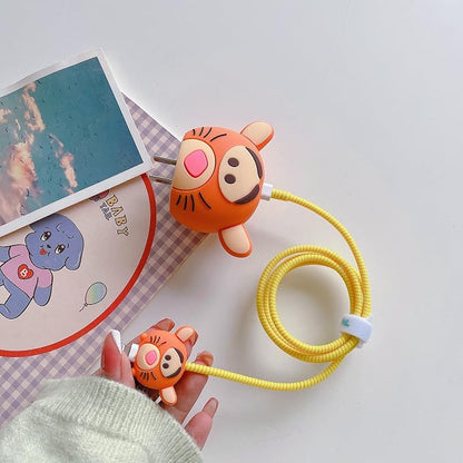 3D Cute Cartoon Charger Protector Case - Compatible for Apple 20W USB-C Power Adapter and Lightning Cable (Orange Tiger)