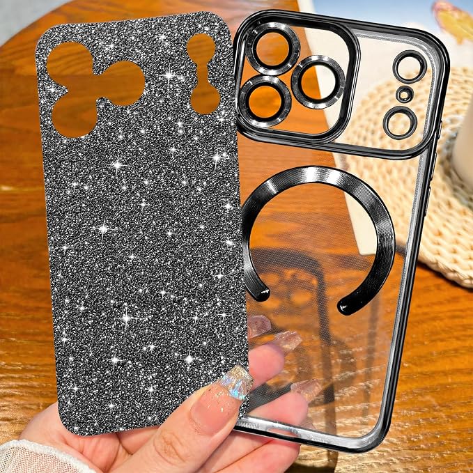 Hython for iPhone 17 Pro Max Case Glitter Clear Magnetic Phone Cases [Compatible with MagSafe] Full Camera Lens Protector Sparkle Luxury Plating Slim Shockproof Protective Cover Women, Black