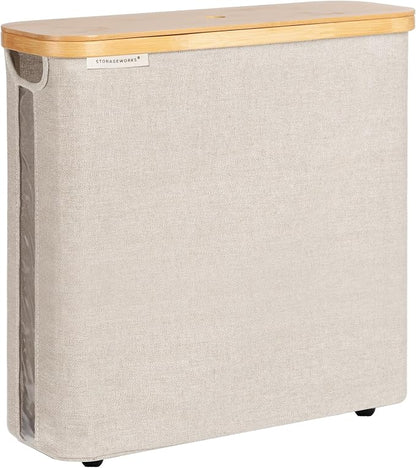 StorageWorks Large Toilet Paper Storage with Bamboo Lid, Toilet Paper Holder Basket for Up to 12 Mega or 16 Regular Size Rolls, Paper Storage Baskets for Bathroom, Light Khaki, 1 Pack
