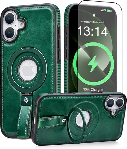 for iPhone 16 Leather Case with Stand, Anti-Slip Grip Ring, Fits for MagSafe (Green, iPhone 16)