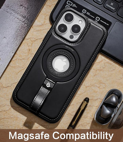 for iPhone 15 Pro Leather Case with Stand, Anti-Slip Grip Ring, Fits for MagSafe (Black, iPhone 15 Pro)