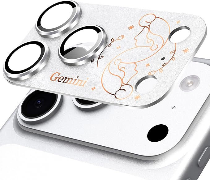 Compatible for iPhone 17 Pro Max Camera Lens Protector, Gemini Pattern, Drop Protection, Anti Scratch Full-Coverage, AR 360-Degree Protection, Camera Transmfttance HD, Easy Installation, Silver